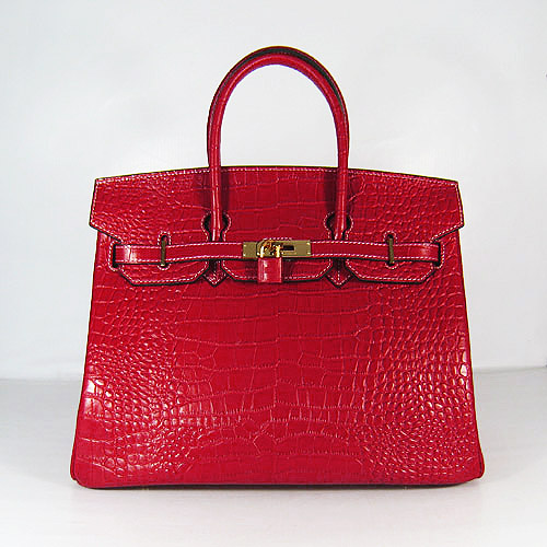 High Quality Fake Hermes Silver Lockpin Birkin 35cm Crocodile Veins Bag Red 6089 - Click Image to Close